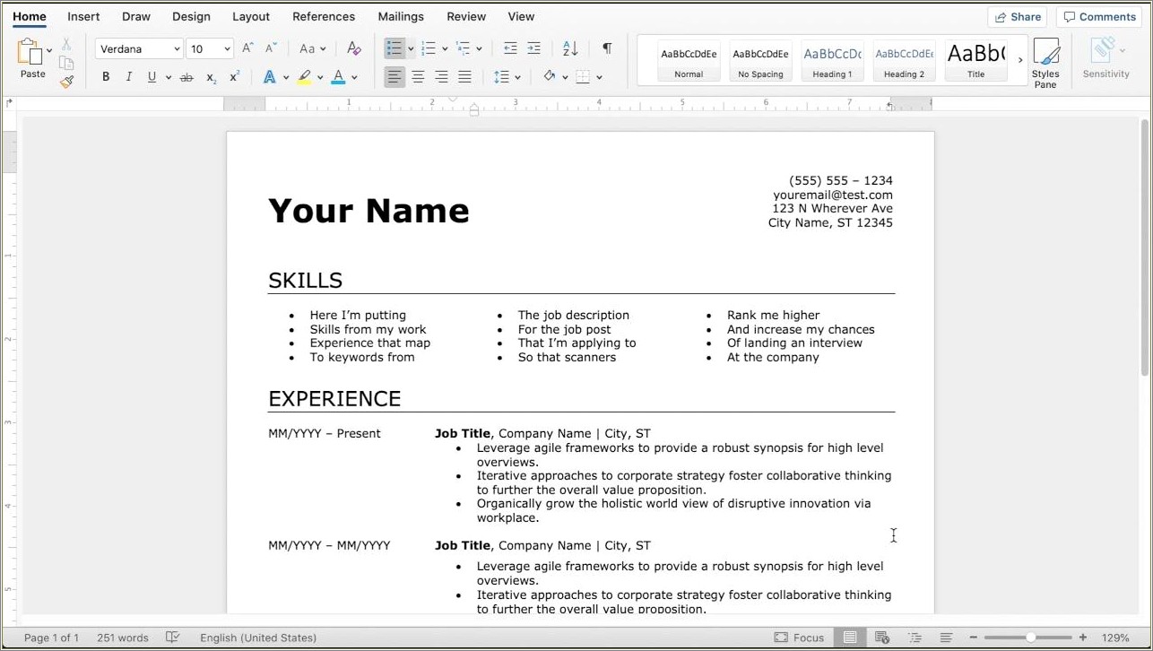 Resume Example To Input In Word