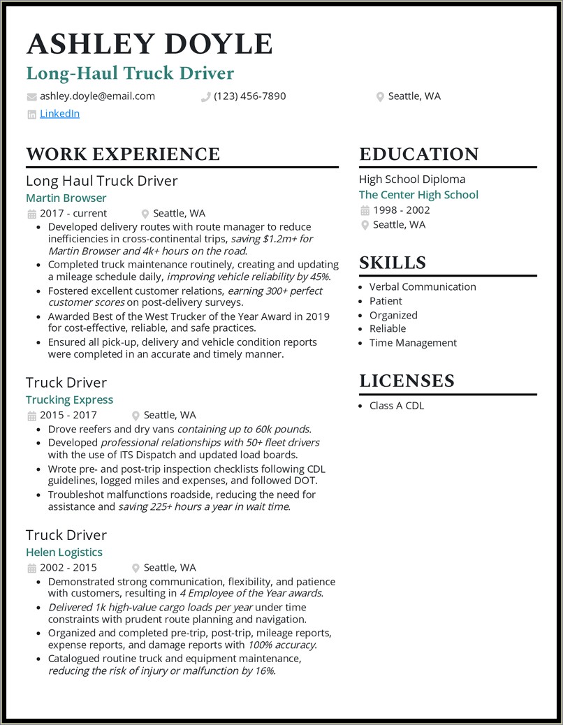 Resume Example Truck Driver Working For Ryder