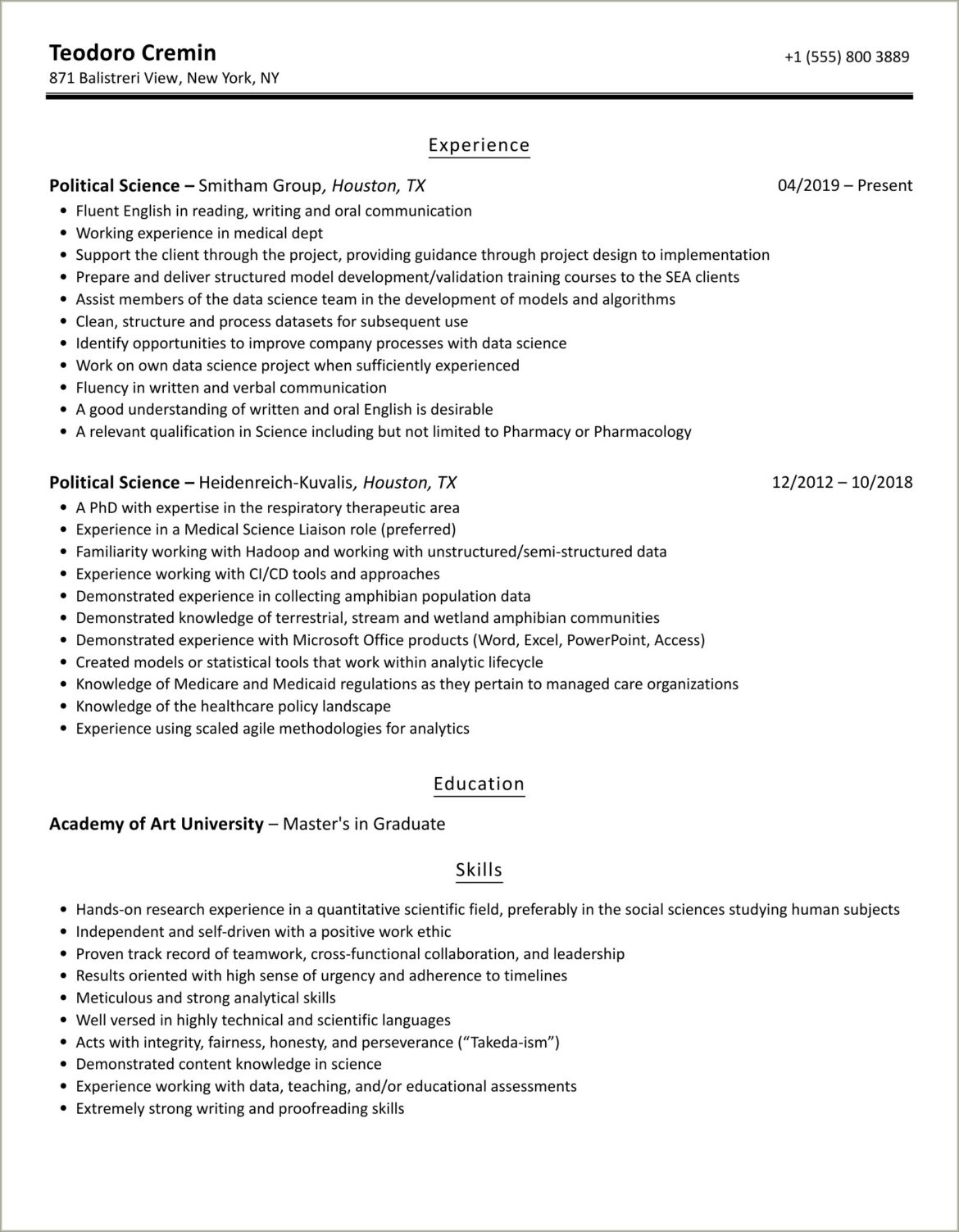 Resume Example United States Political Science