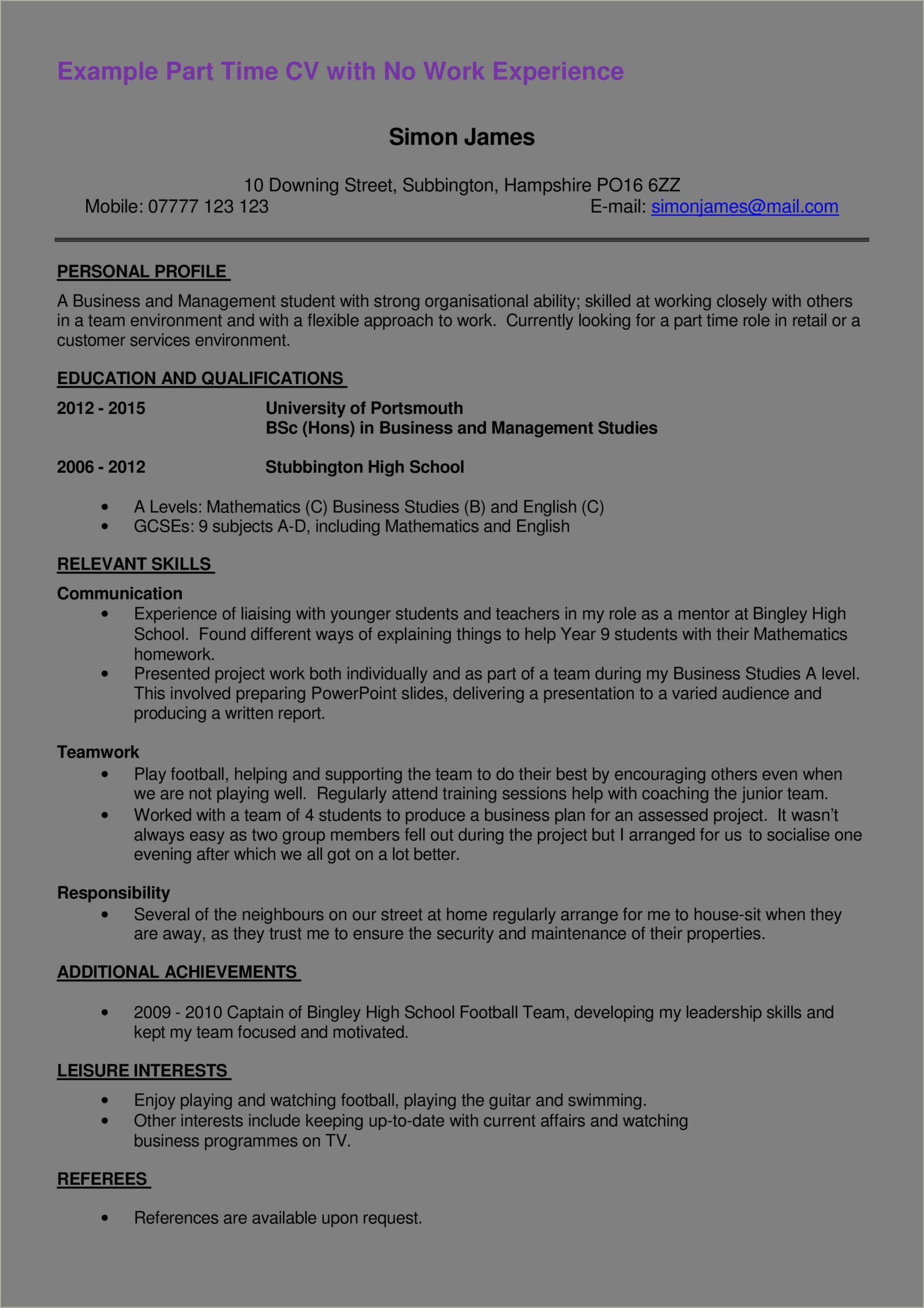 Resume Example With Part Time Work Experience