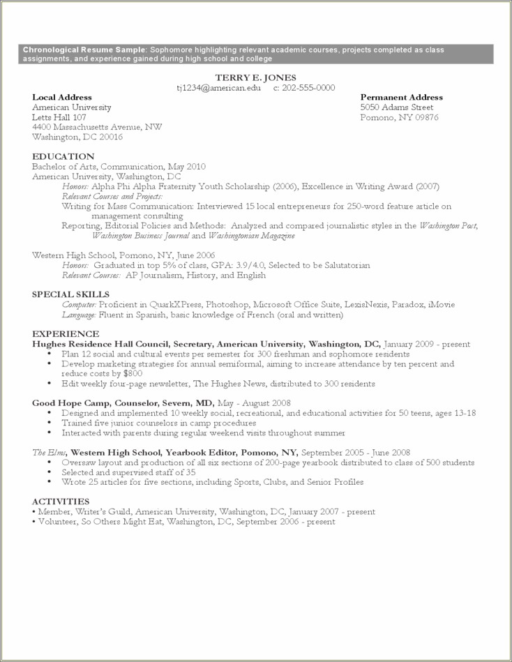 Resume Examples As Sophomore Class Council In College