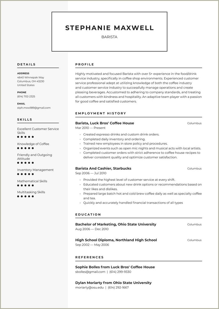 Resume Examples Barist To Food Service