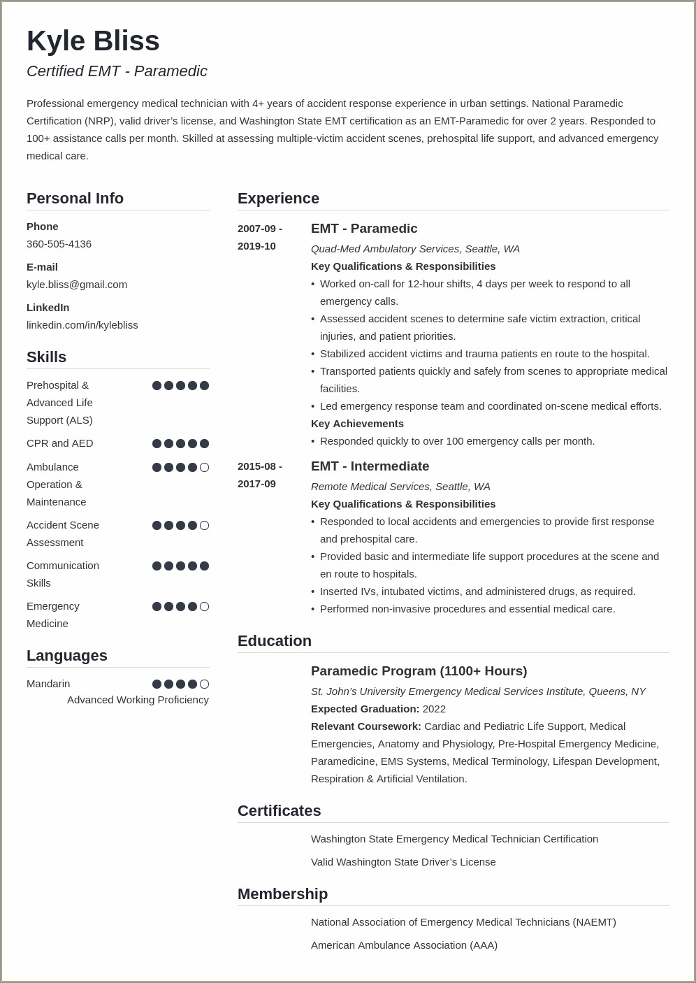 Resume Examples College With Emt Experience