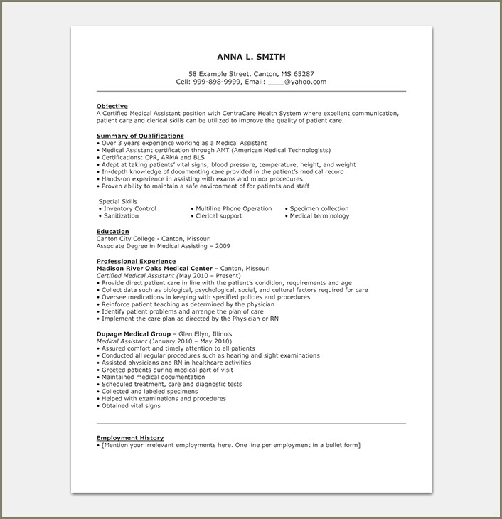 Resume Examples College With Medical Experience