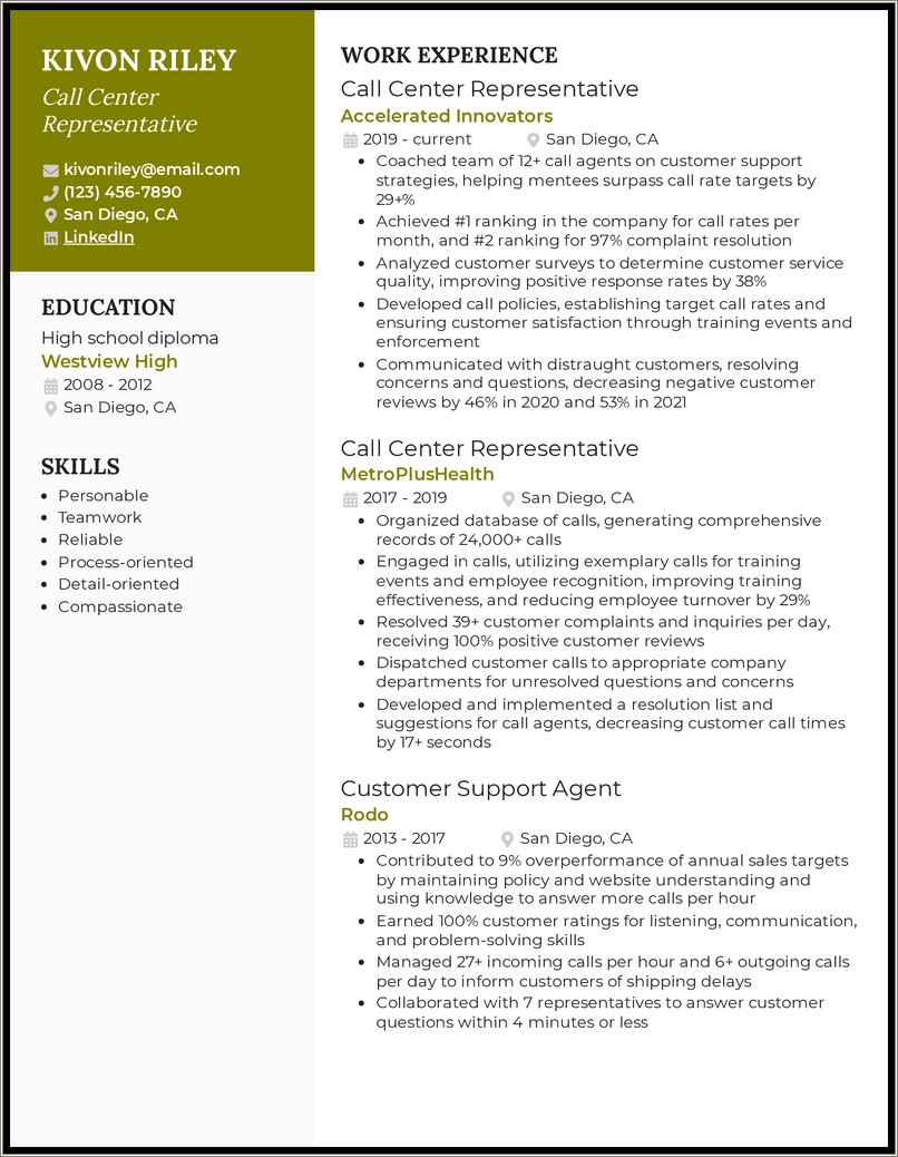 Resume Examples Customer Service Call Centere
