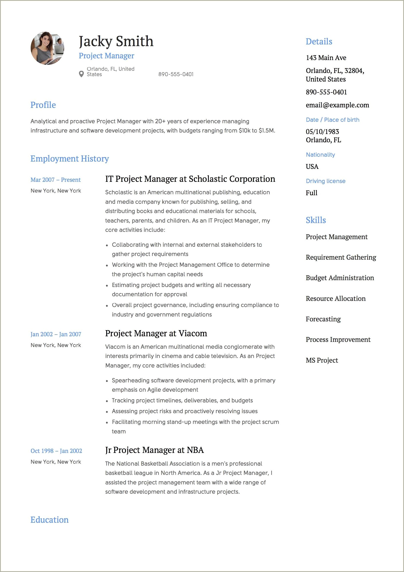 Resume Examples For 20 Yesr It Experi