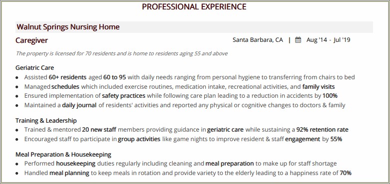 Resume Examples For A Care Giver