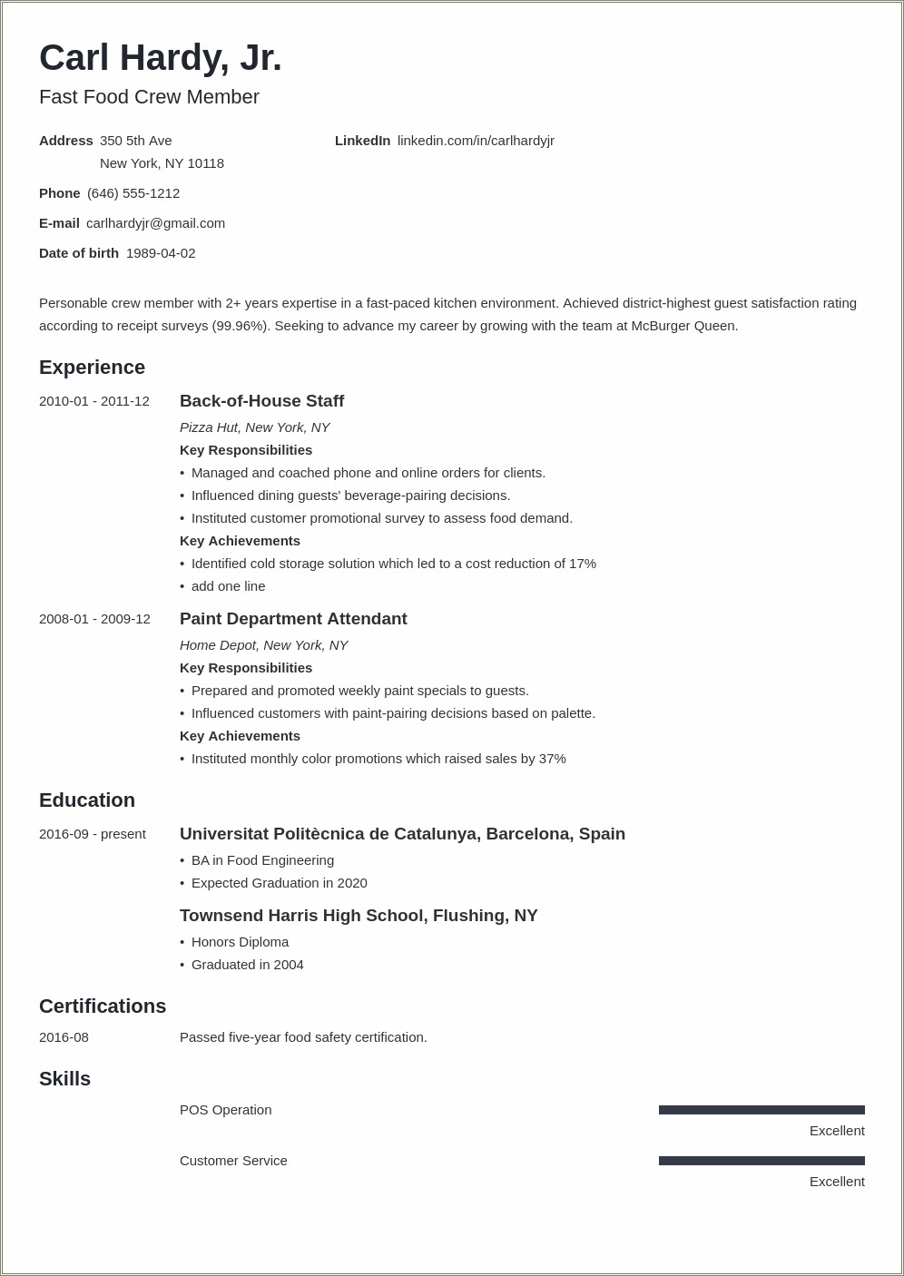 Resume Examples For A Cashier At Fast Food