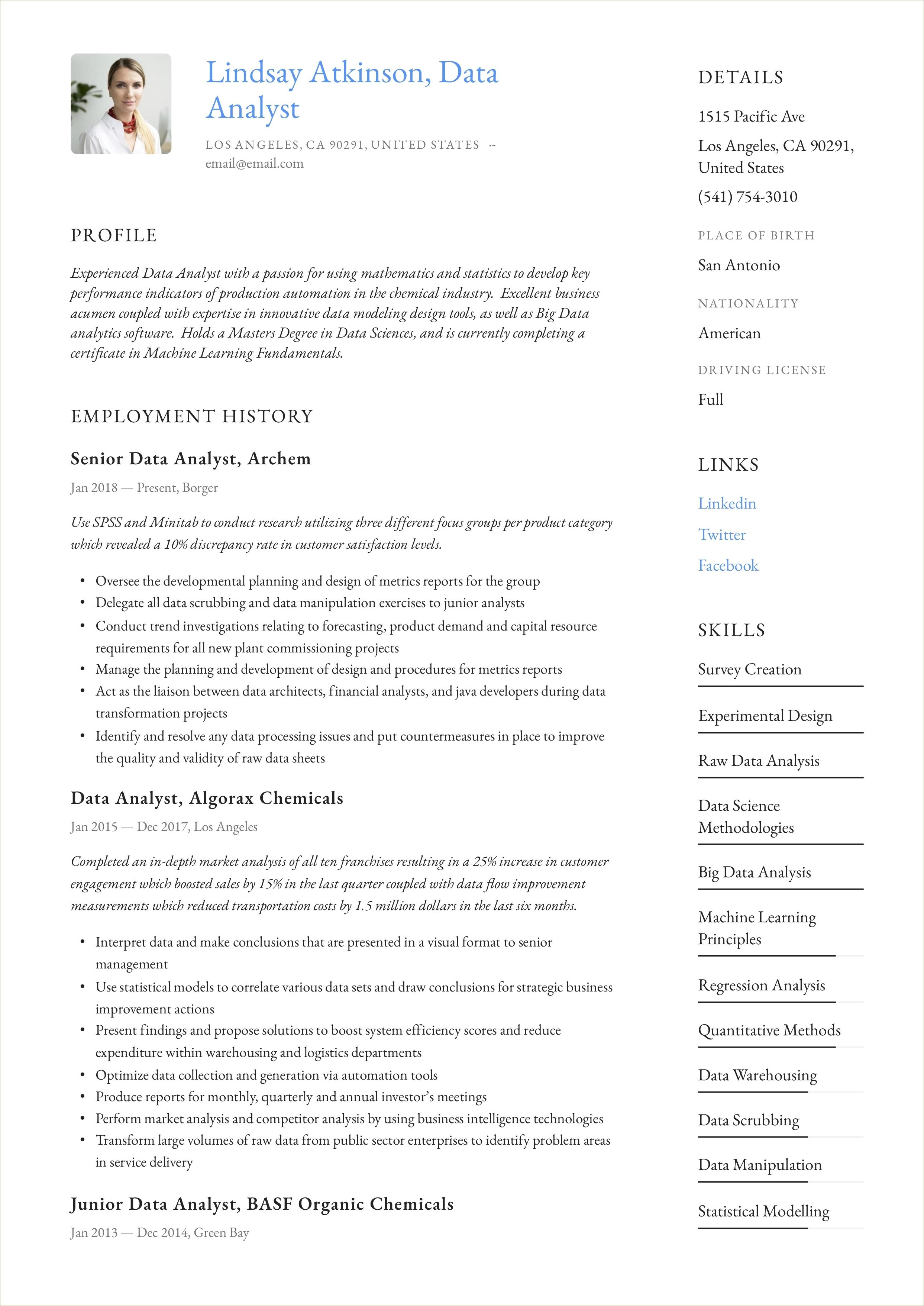 Resume Examples For A Data Analyst