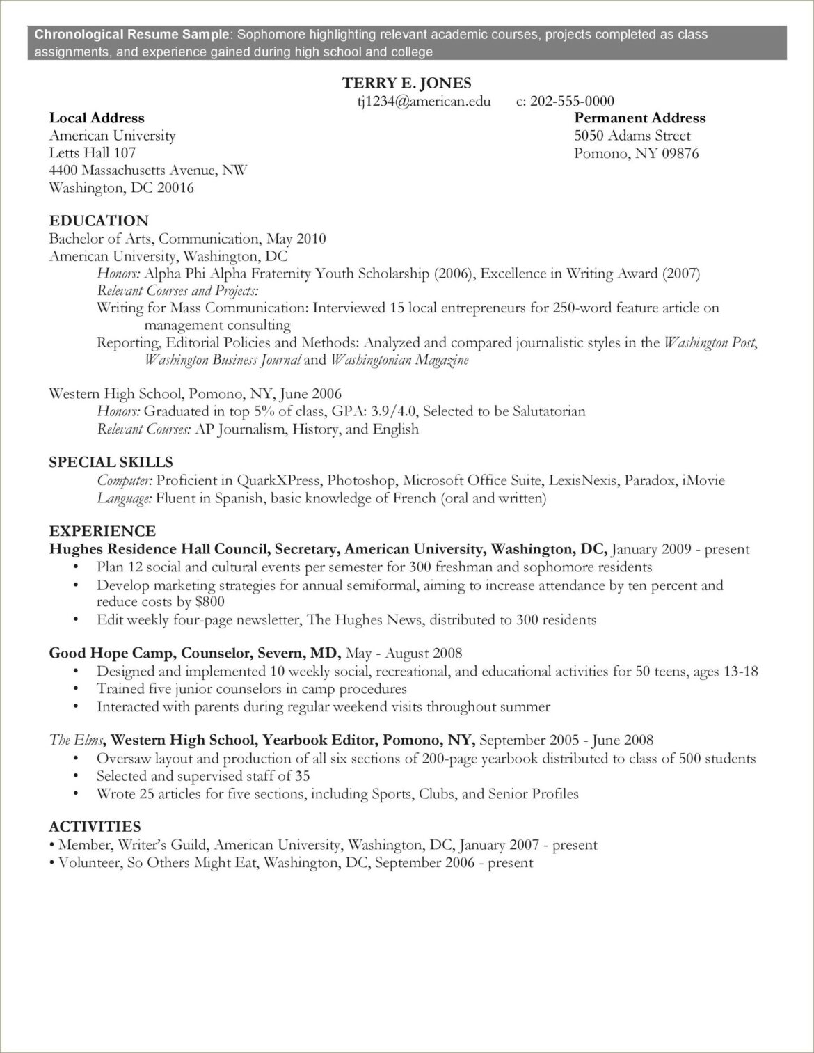 Resume Examples For A Freshman In College