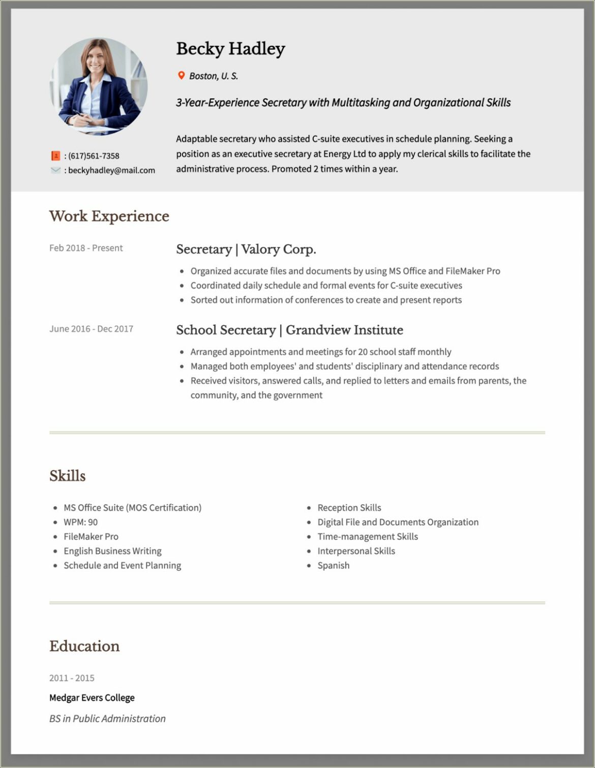 Resume Examples For A School Secretary