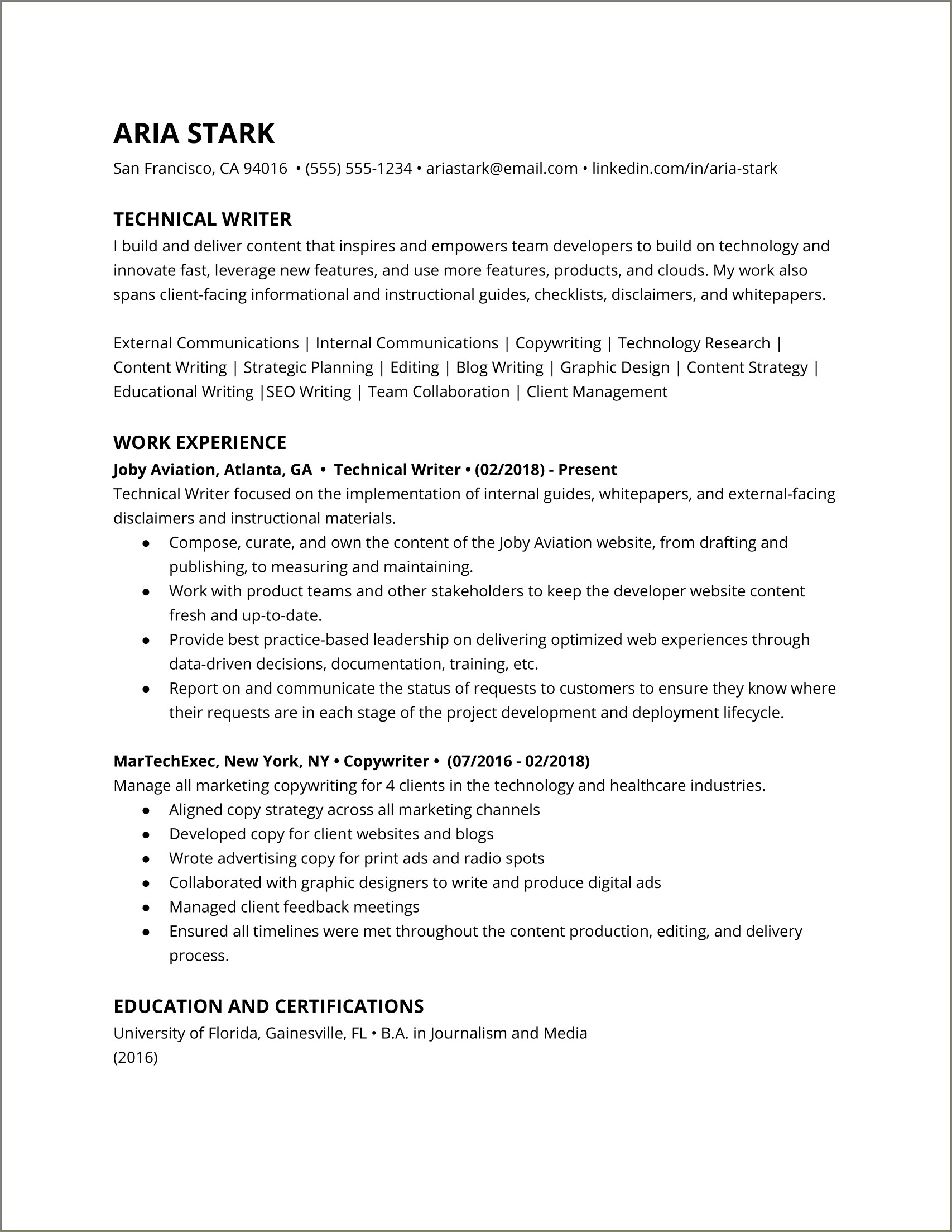 Resume Examples For A Technical Writer