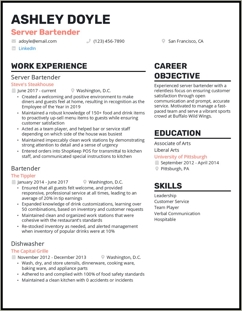 Resume Examples For A Waitress Bartender
