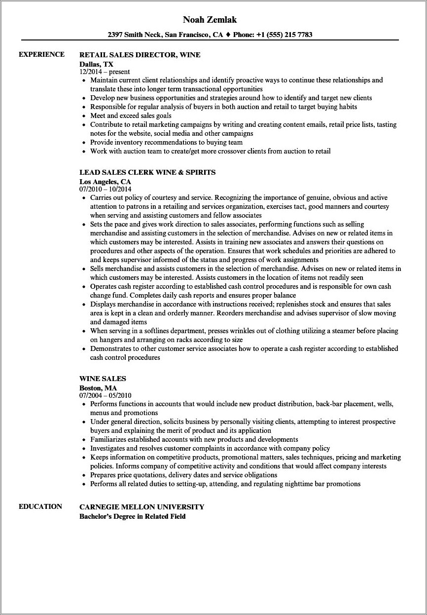 Resume Examples For A Wine Salesman