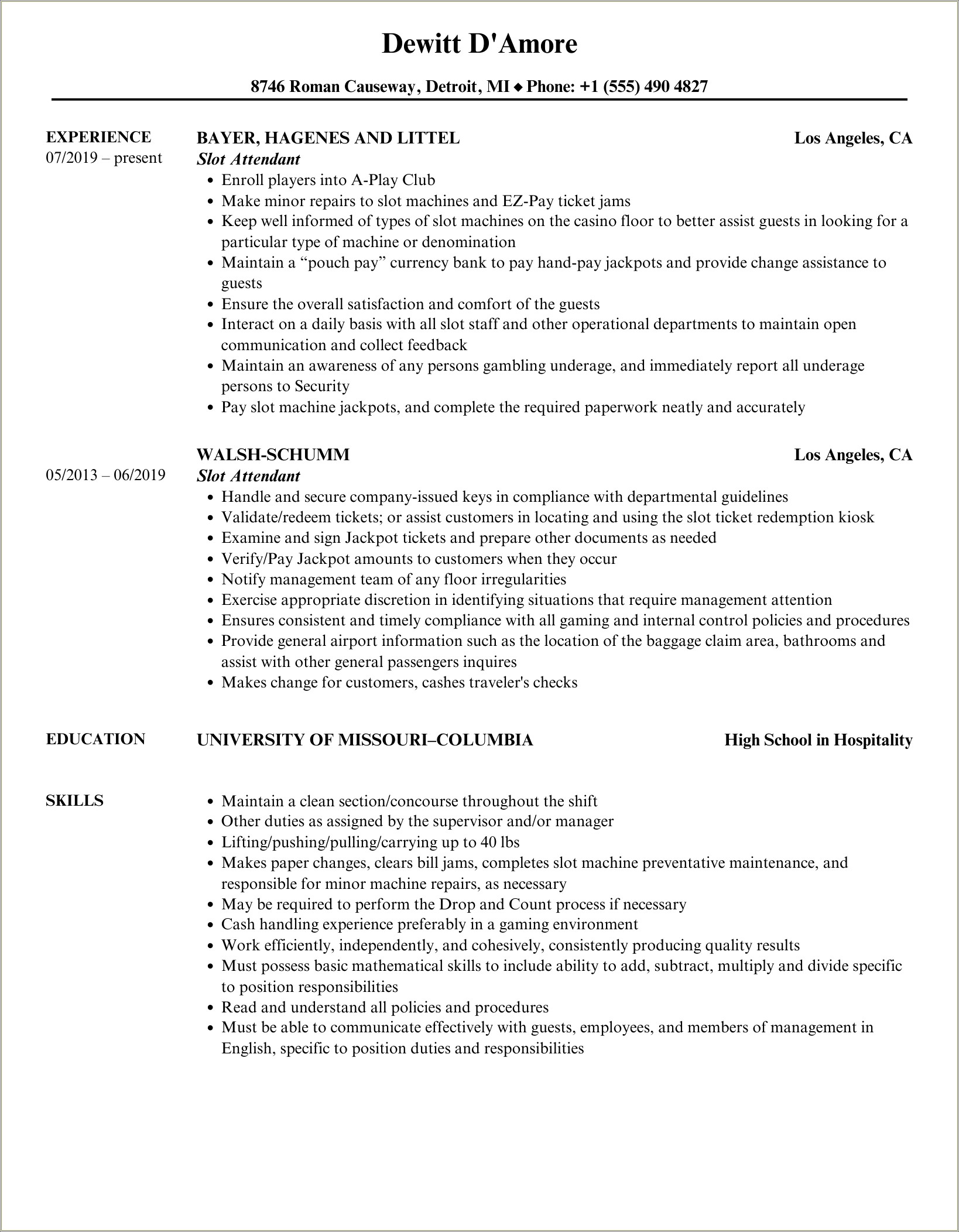 Resume Examples For An Arcade Attendant