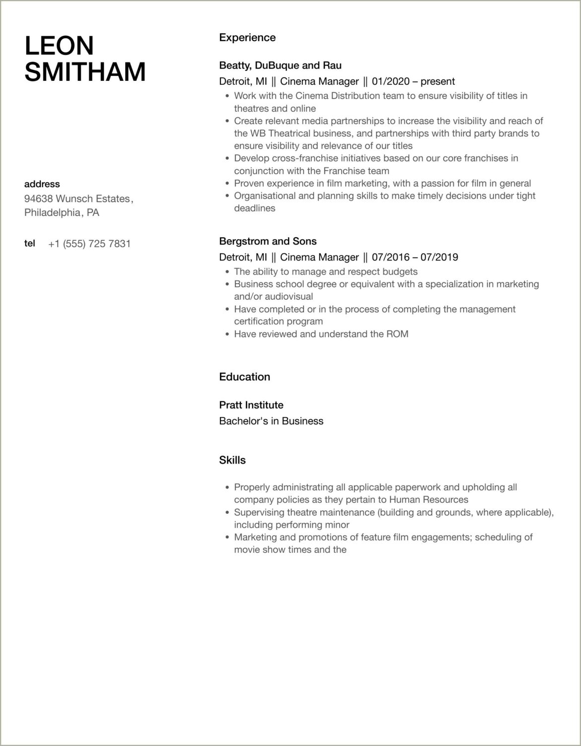 Resume Examples For Assistant Manager Movie Theatre