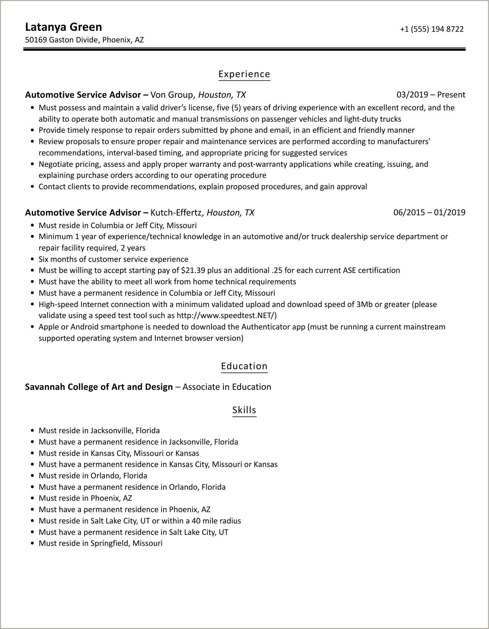 Resume Examples For Automotive Service Advisor