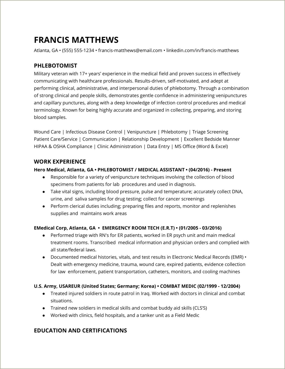 Resume Examples For Blood Center Phlebotomists