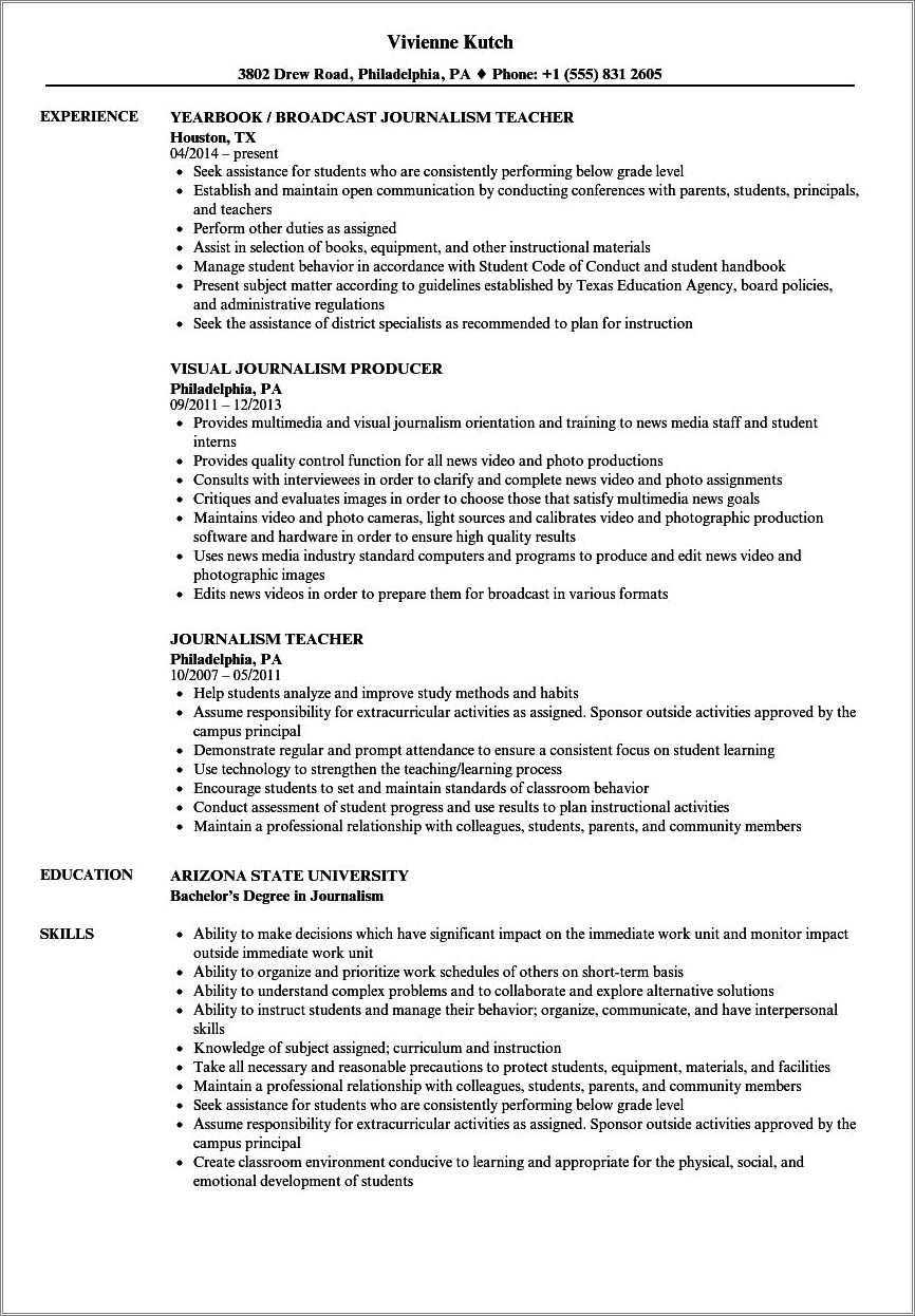 Resume Examples For Broadcast Journalist In College