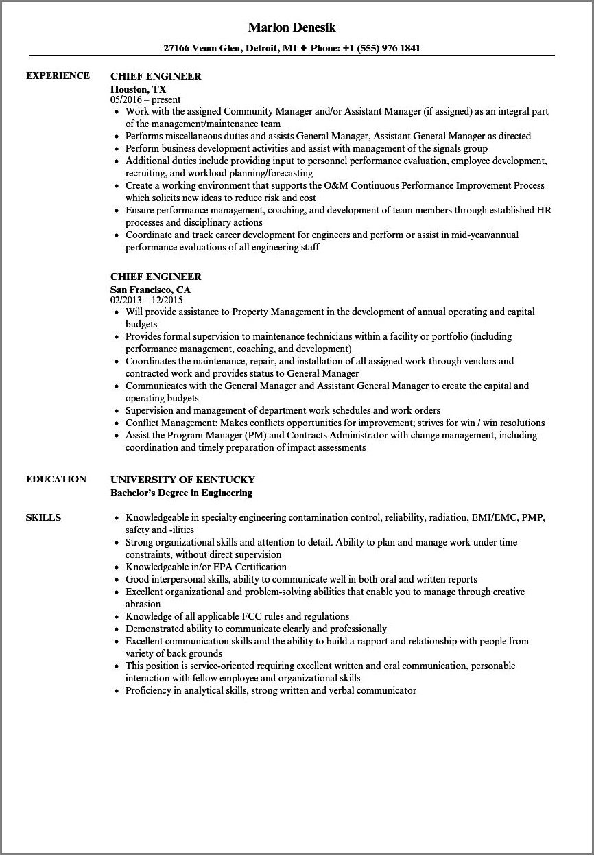 Resume Examples For Chief Engineer New Hotel