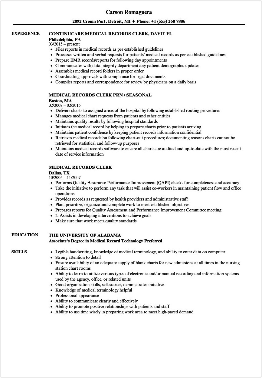 Resume Examples For Clerical Work In Hospital