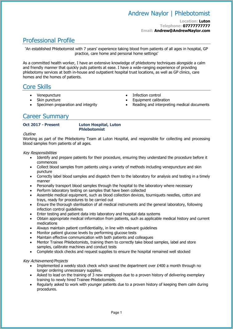 Resume Examples For College Student Phlebotomy