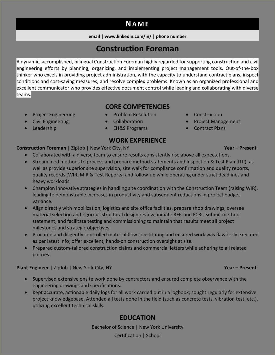 Resume Examples For Construction Crew Leader