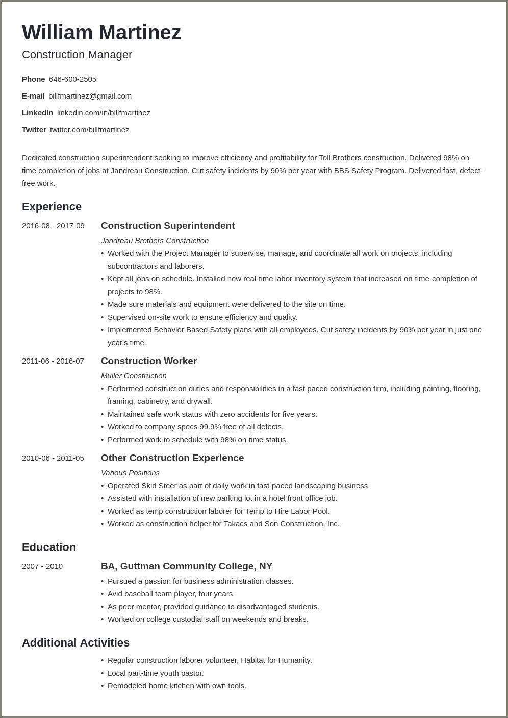 Resume Examples For Construction In Jails