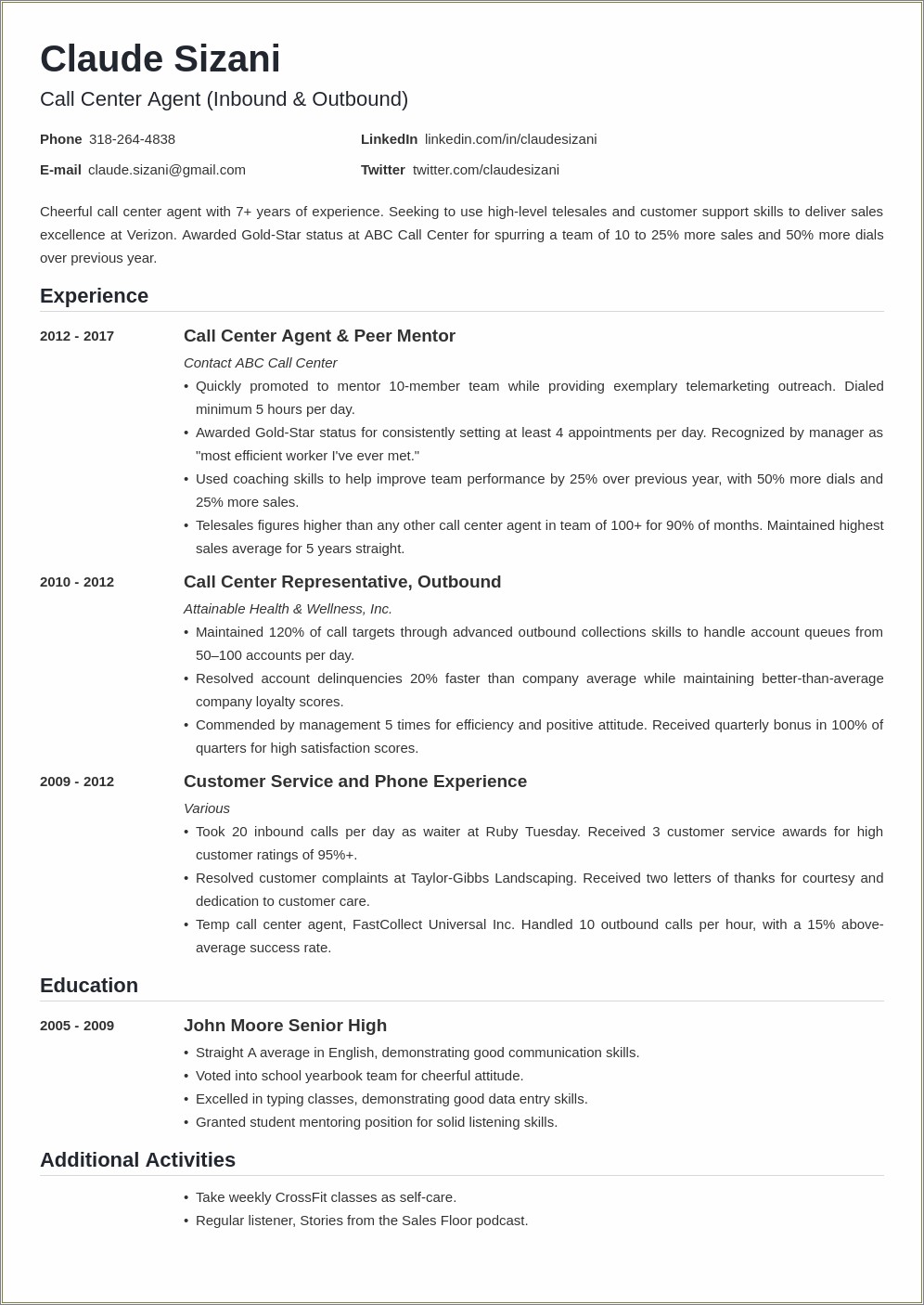 Resume Examples For Customer Call Center