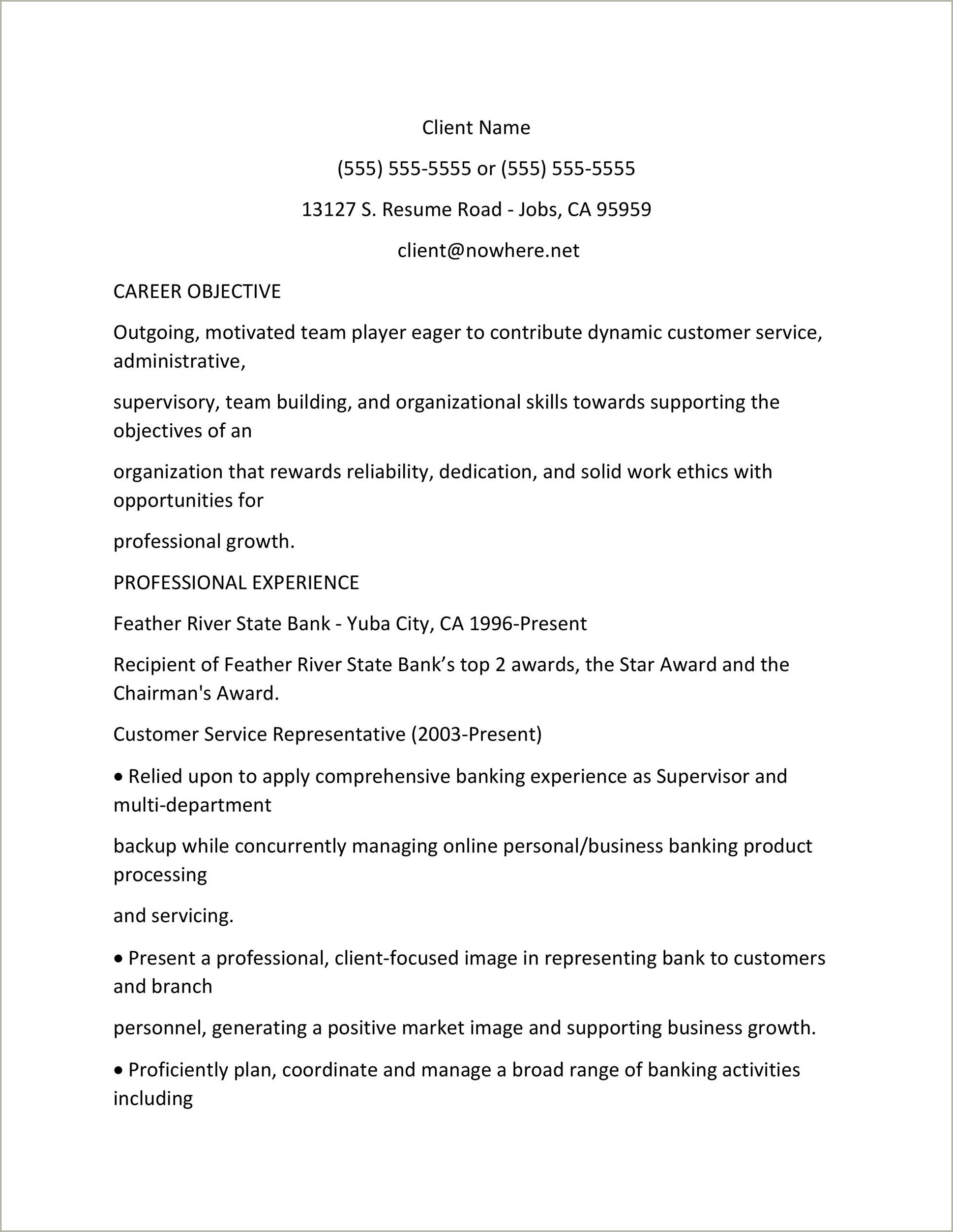 Resume Examples For Customer Service Objective