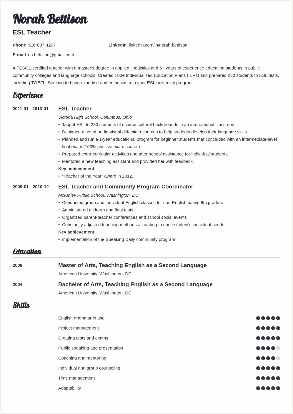 Resume Examples For English Language Learners
