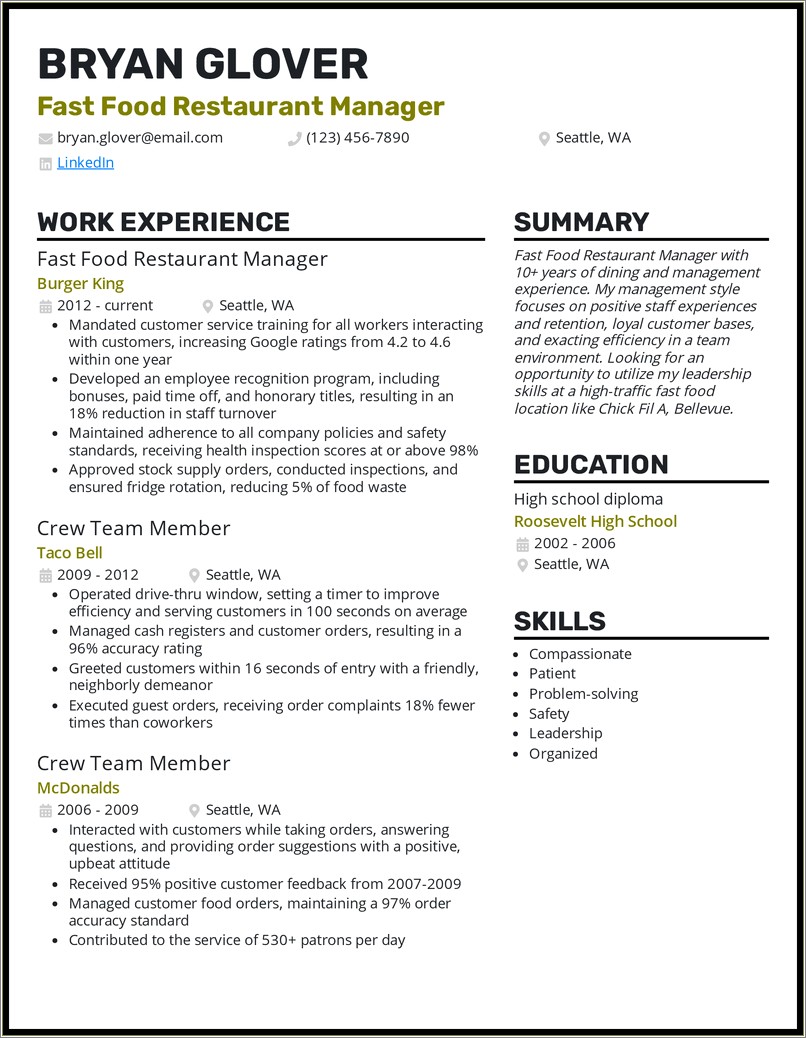 Resume Examples For Fast Food Jobs