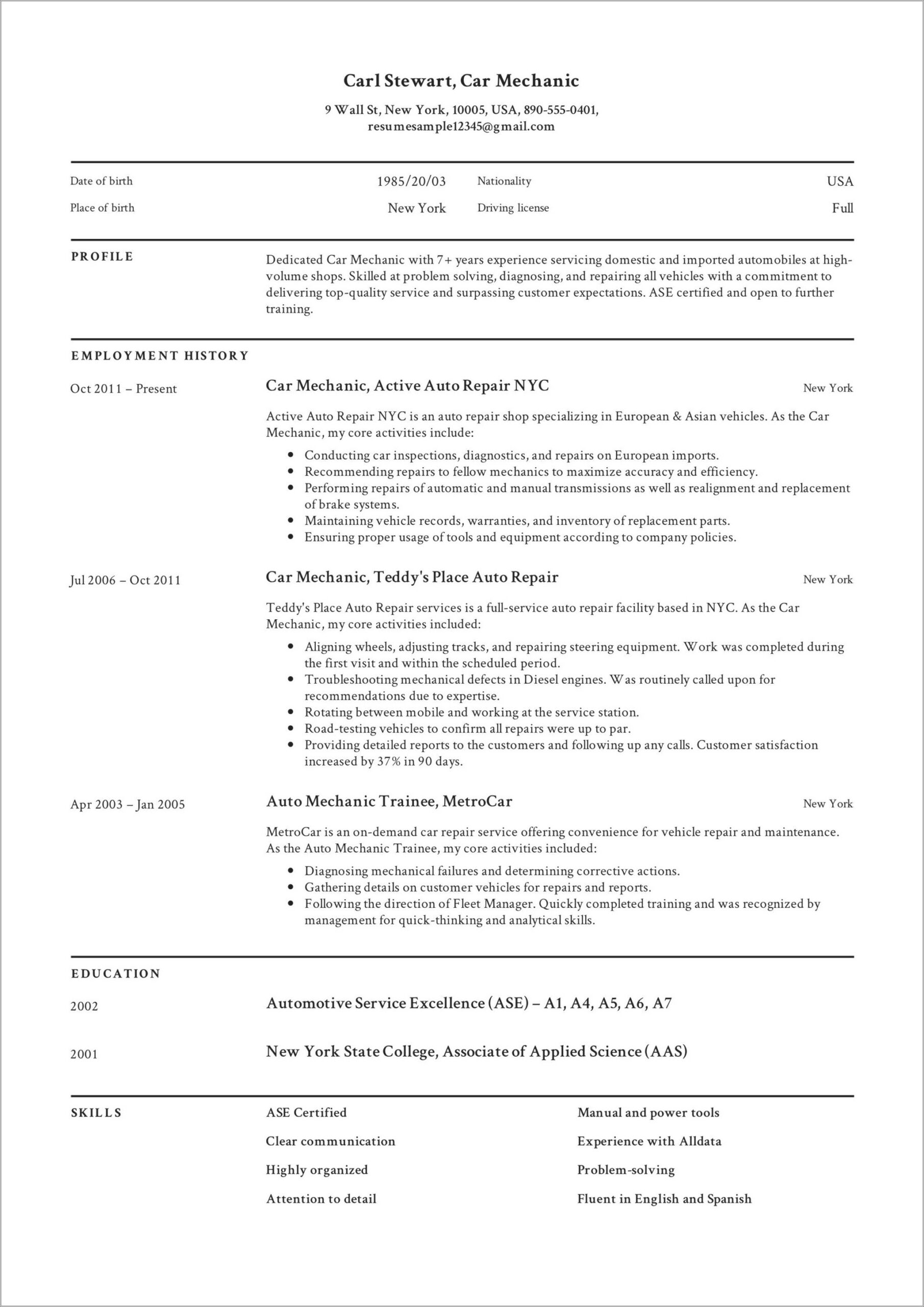 Resume Examples For Ford Service Technicians