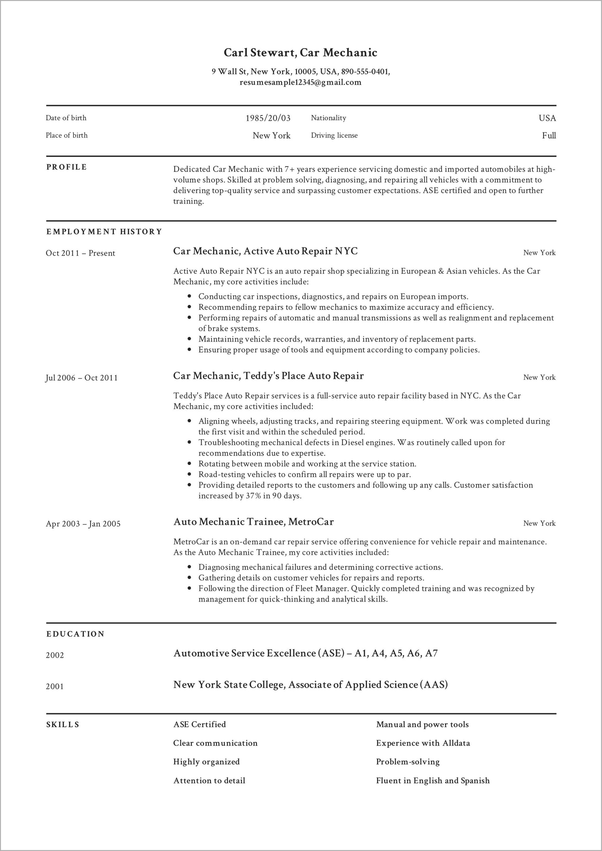 Resume Examples For Ford Service Technicians