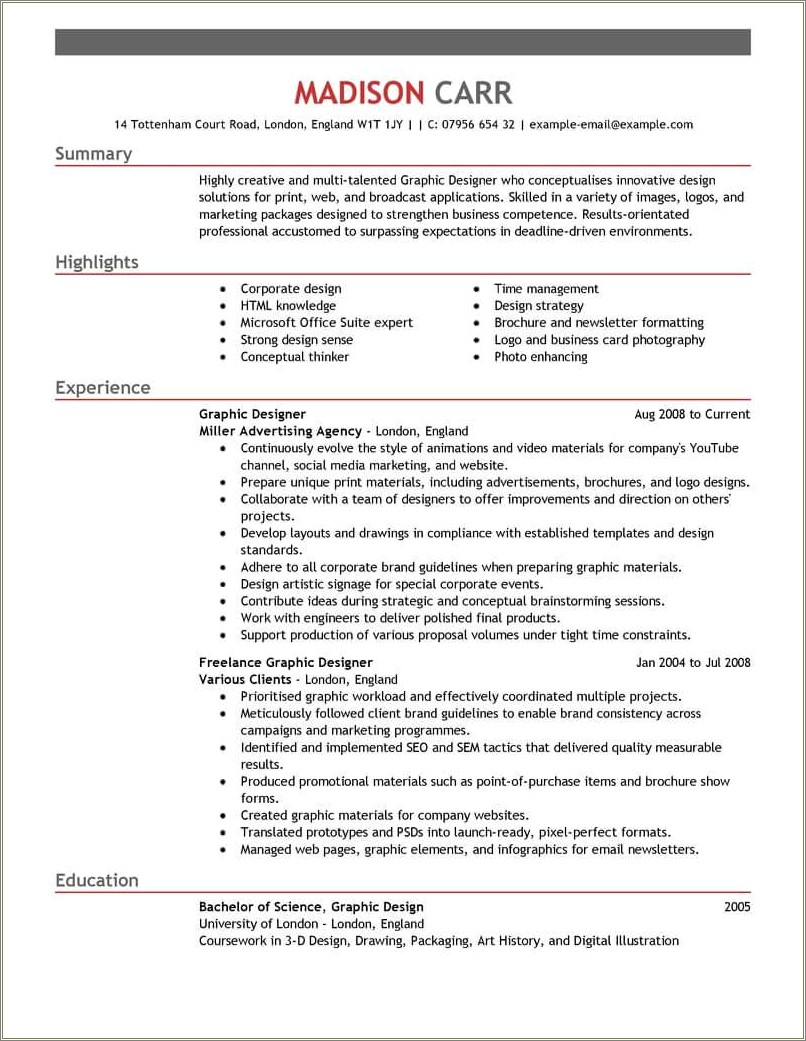 Resume Examples For Graphic Design Students