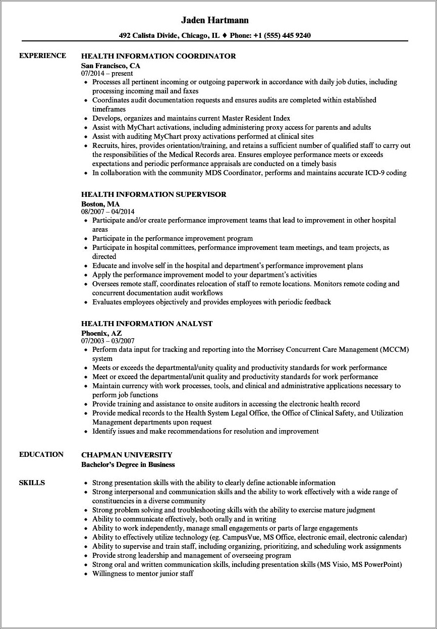 Resume Examples For Health Information Management
