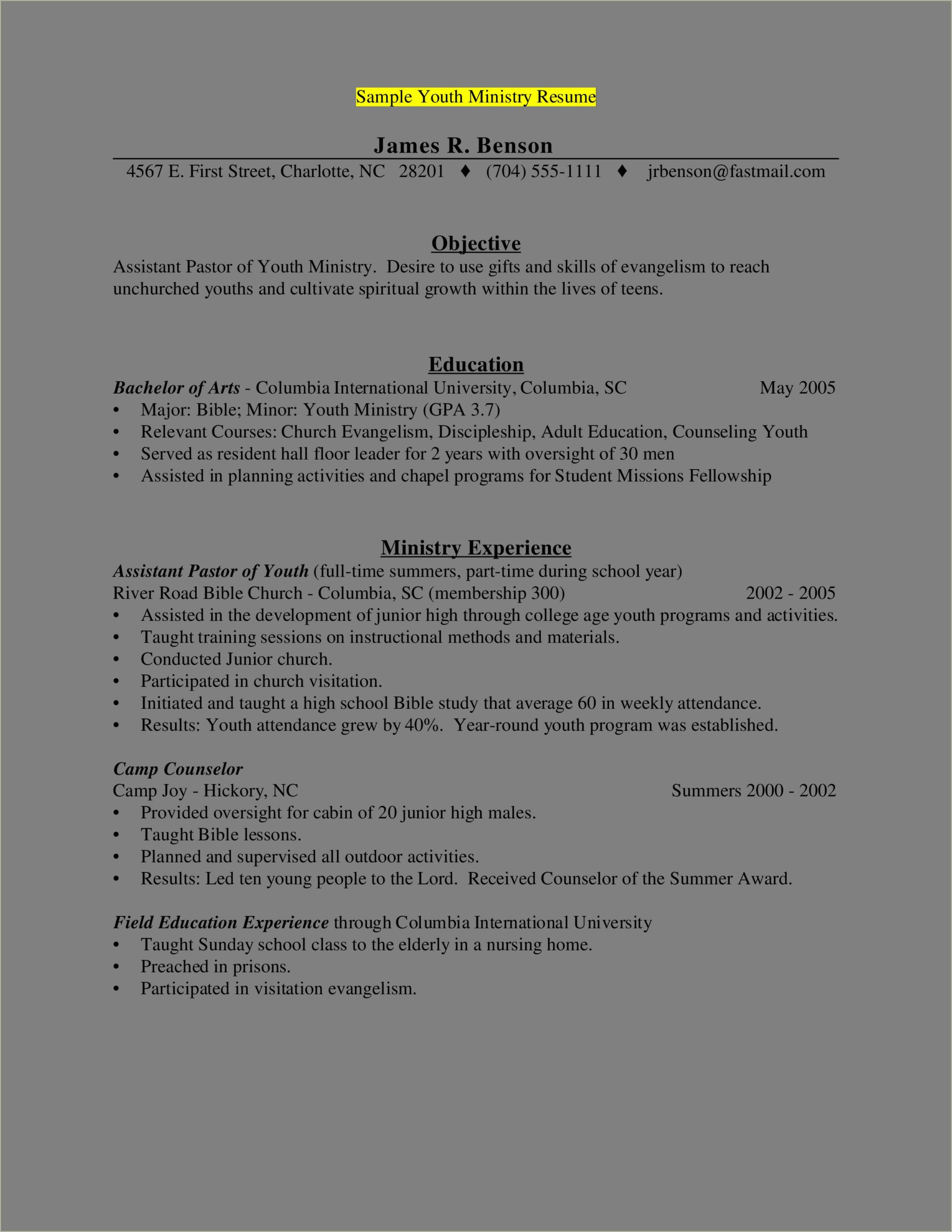 Resume Examples For High School Students Camps