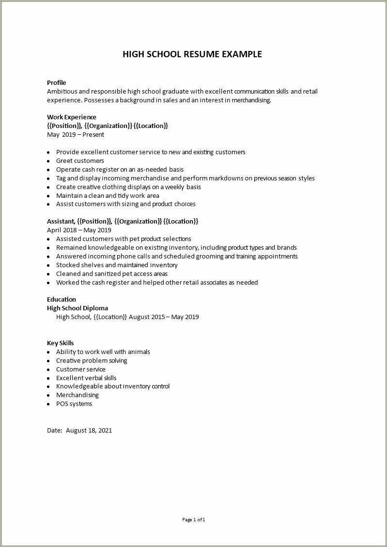 Resume Examples For Highschool Students Skills