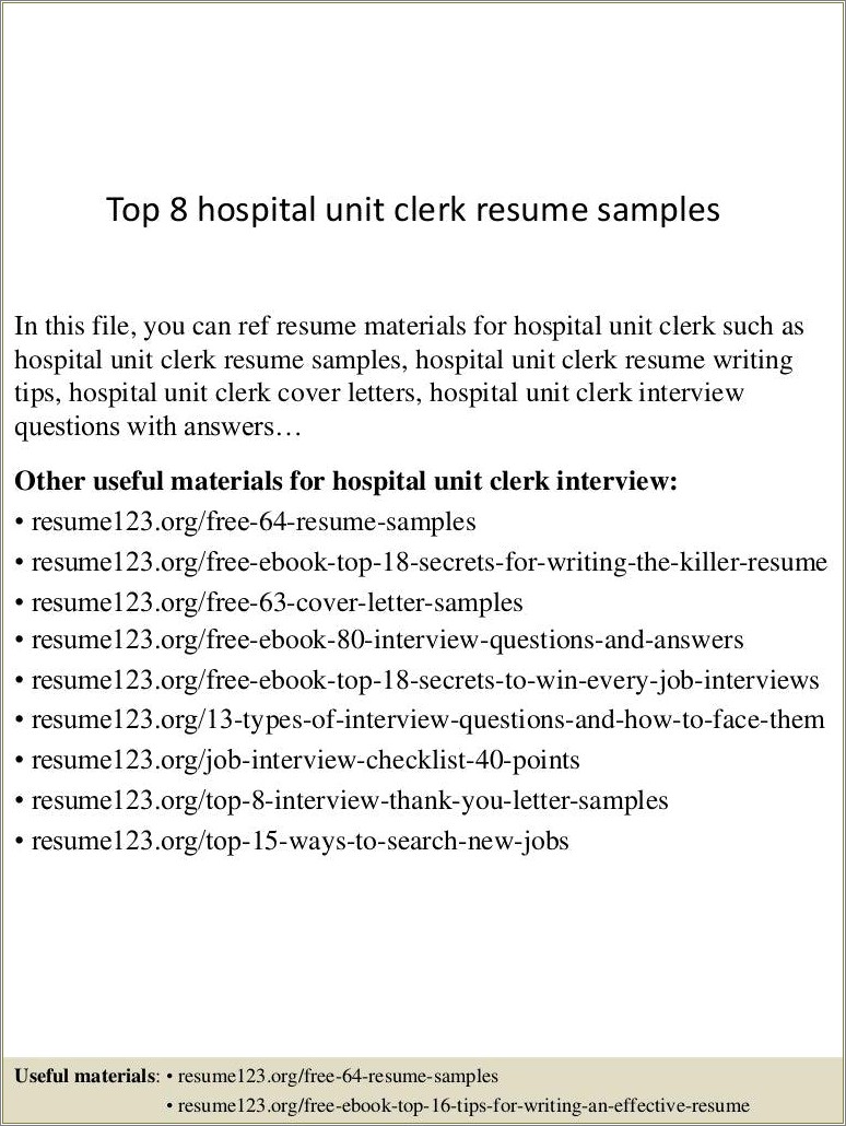 Resume Examples For Hospital Unit Clerk
