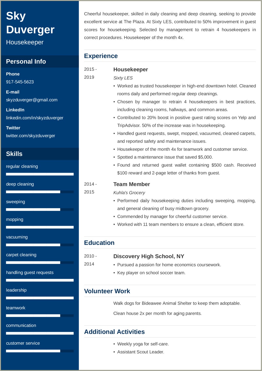 Resume Examples For Housekeeping At A Hospital