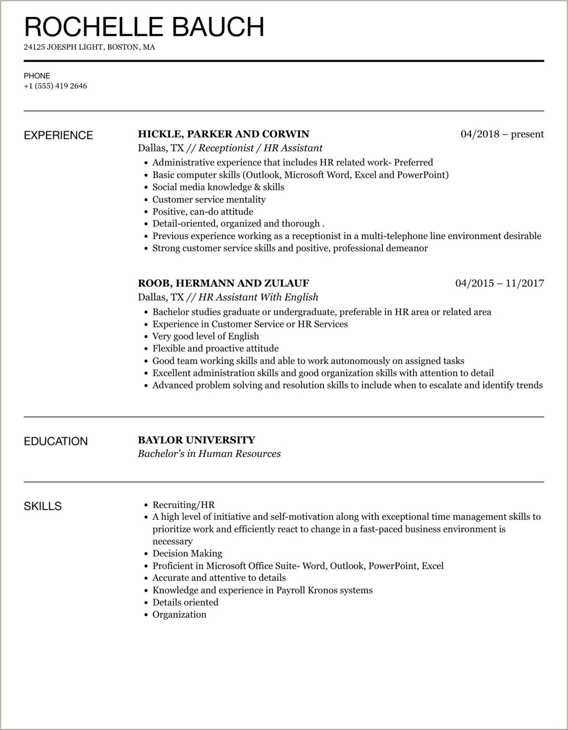 Resume Examples For Human Resources Assistant