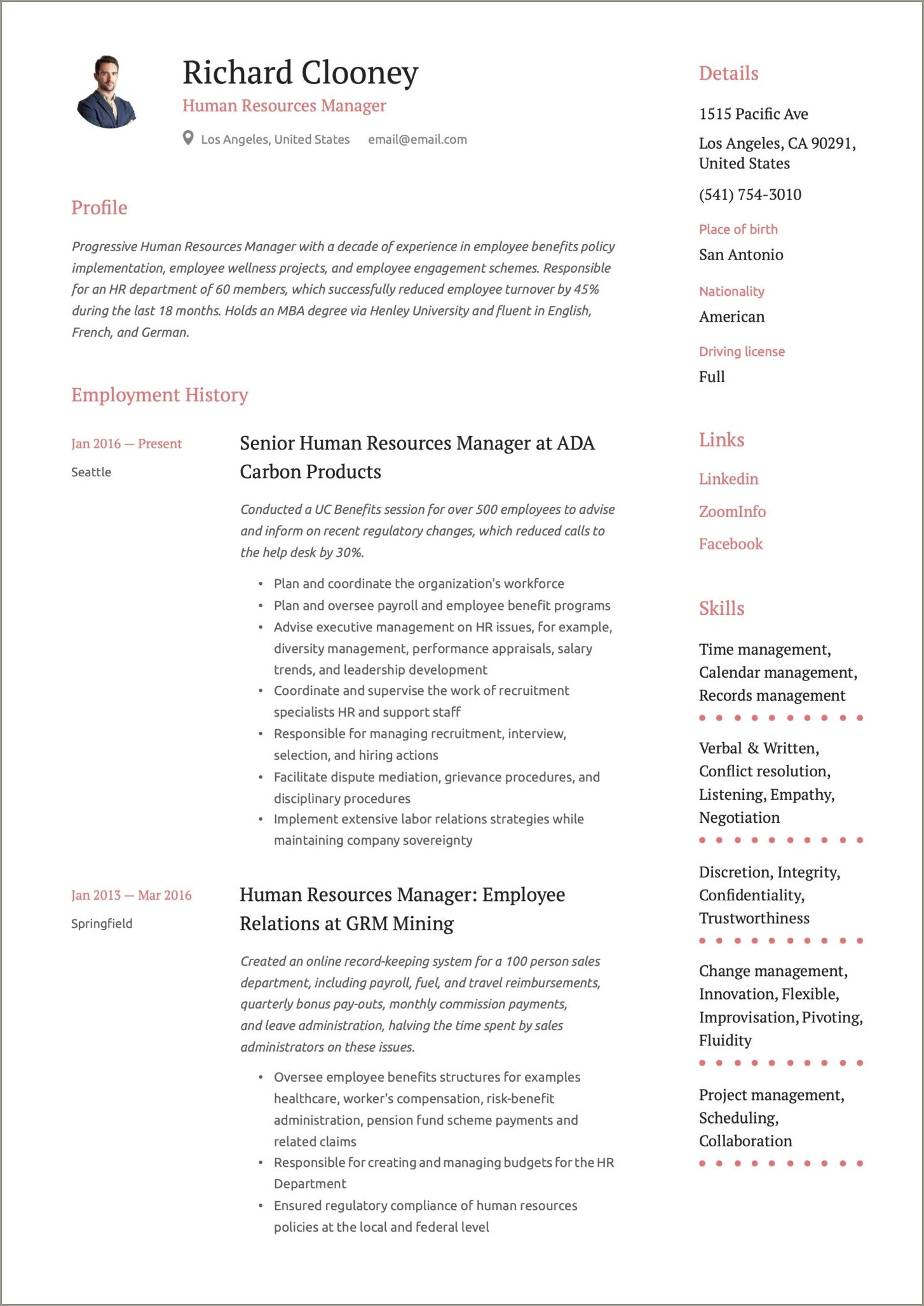 Resume Examples For Human Resources Manager