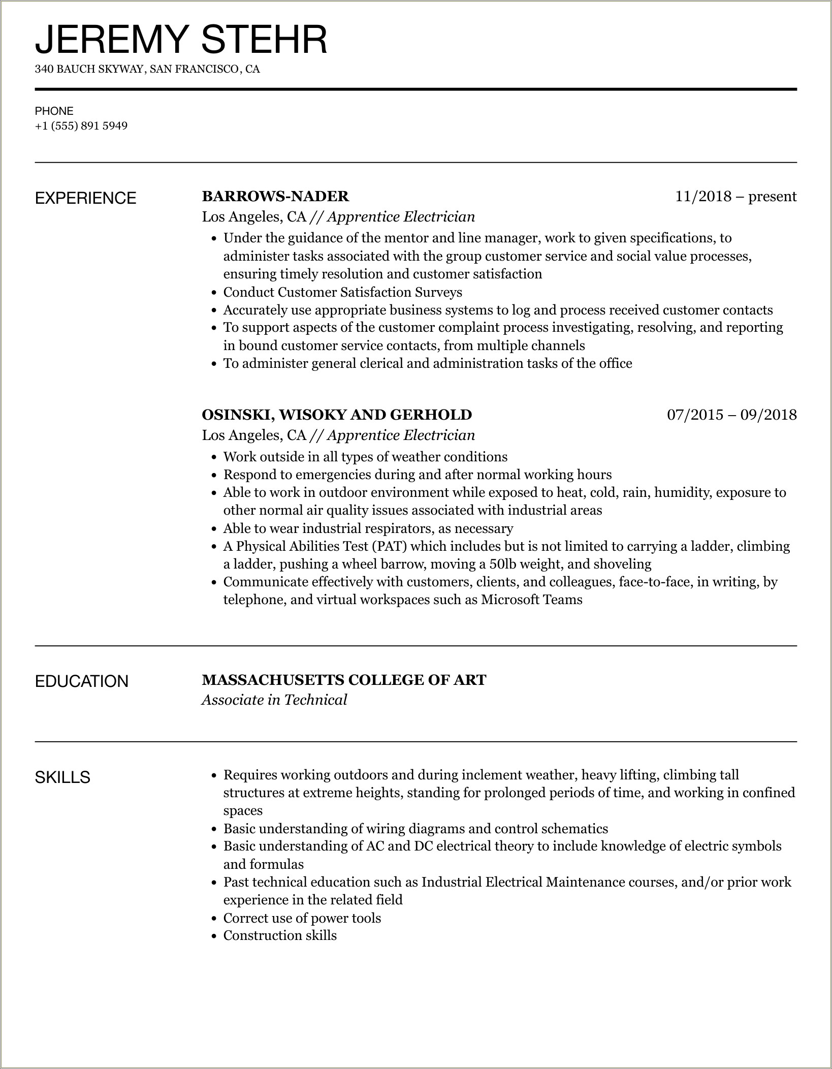 Resume Examples For Industrial And Residential Electrician