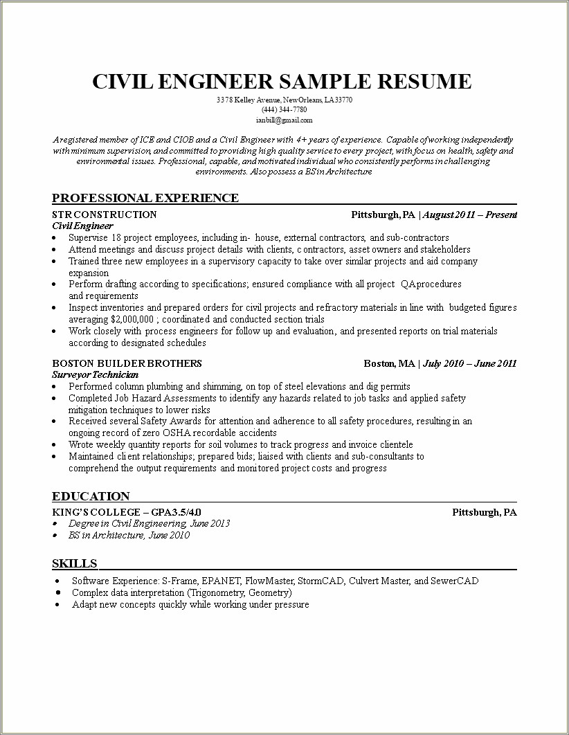 Resume Examples For Internships For Civil Engineering