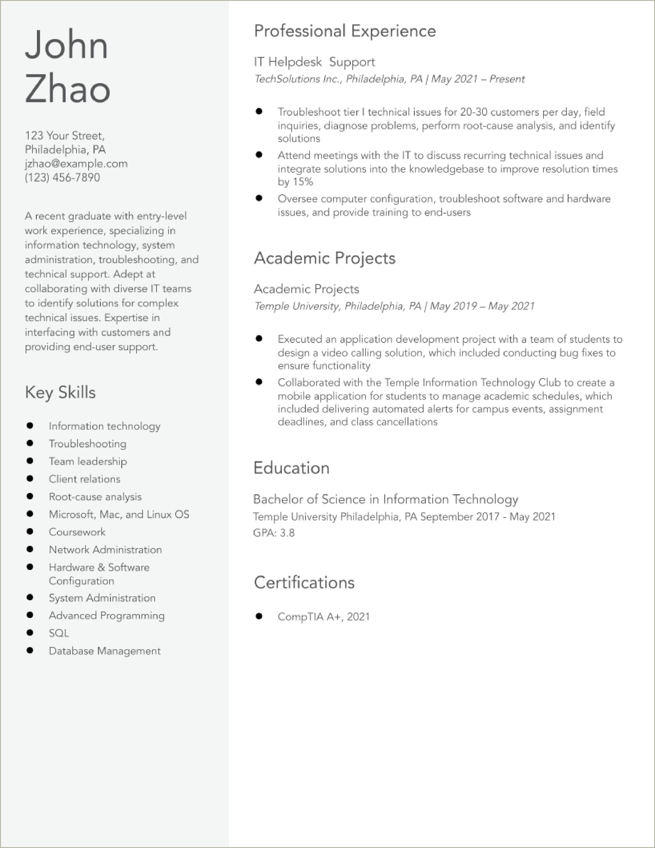 Resume Examples For It Entry Level