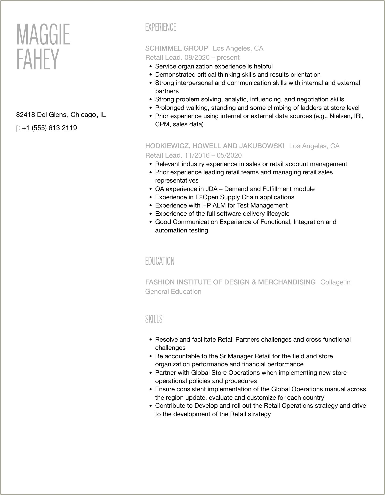 Resume Examples For Lead In Retail