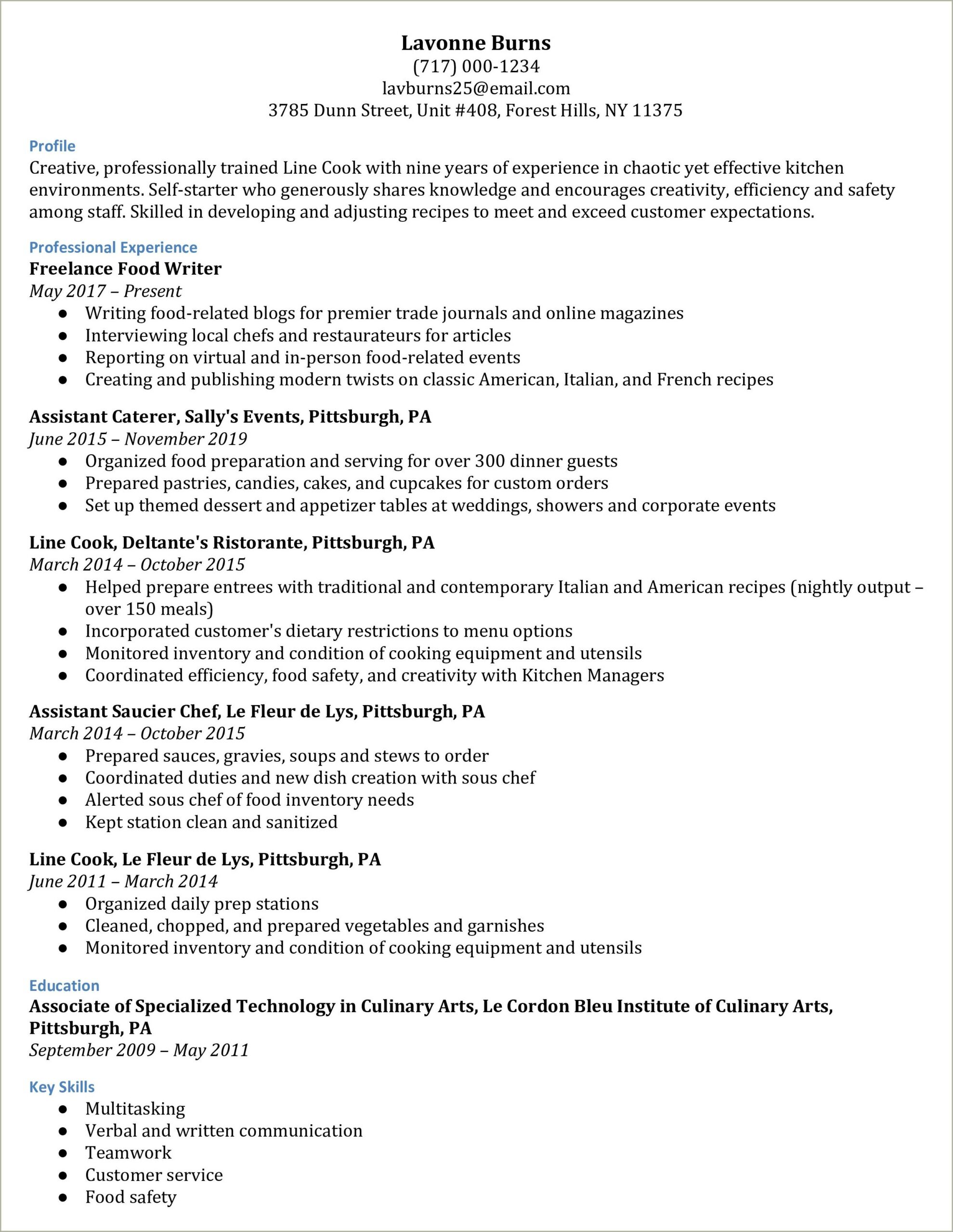 Resume Examples For Line Cook Management