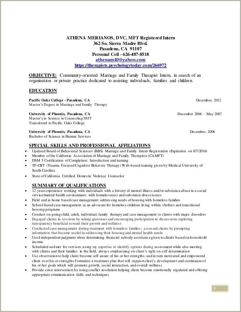 Resume Examples For Lmft Private Practice