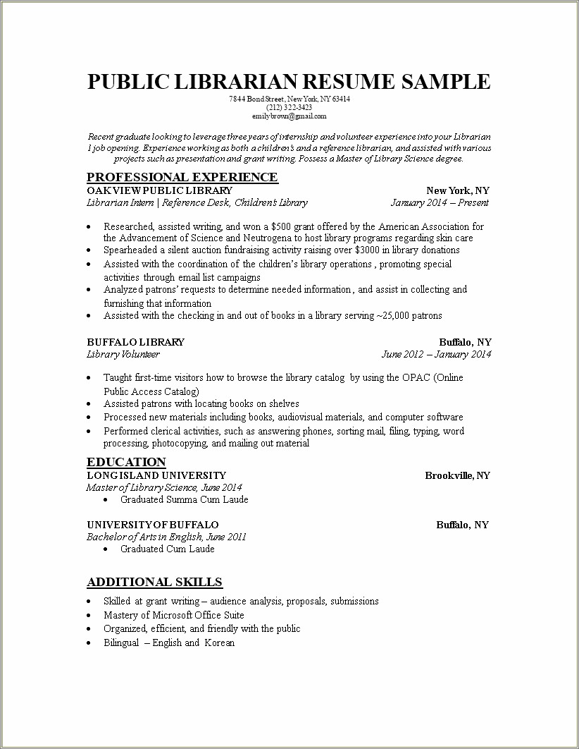 Resume Examples For Master Of Library Science
