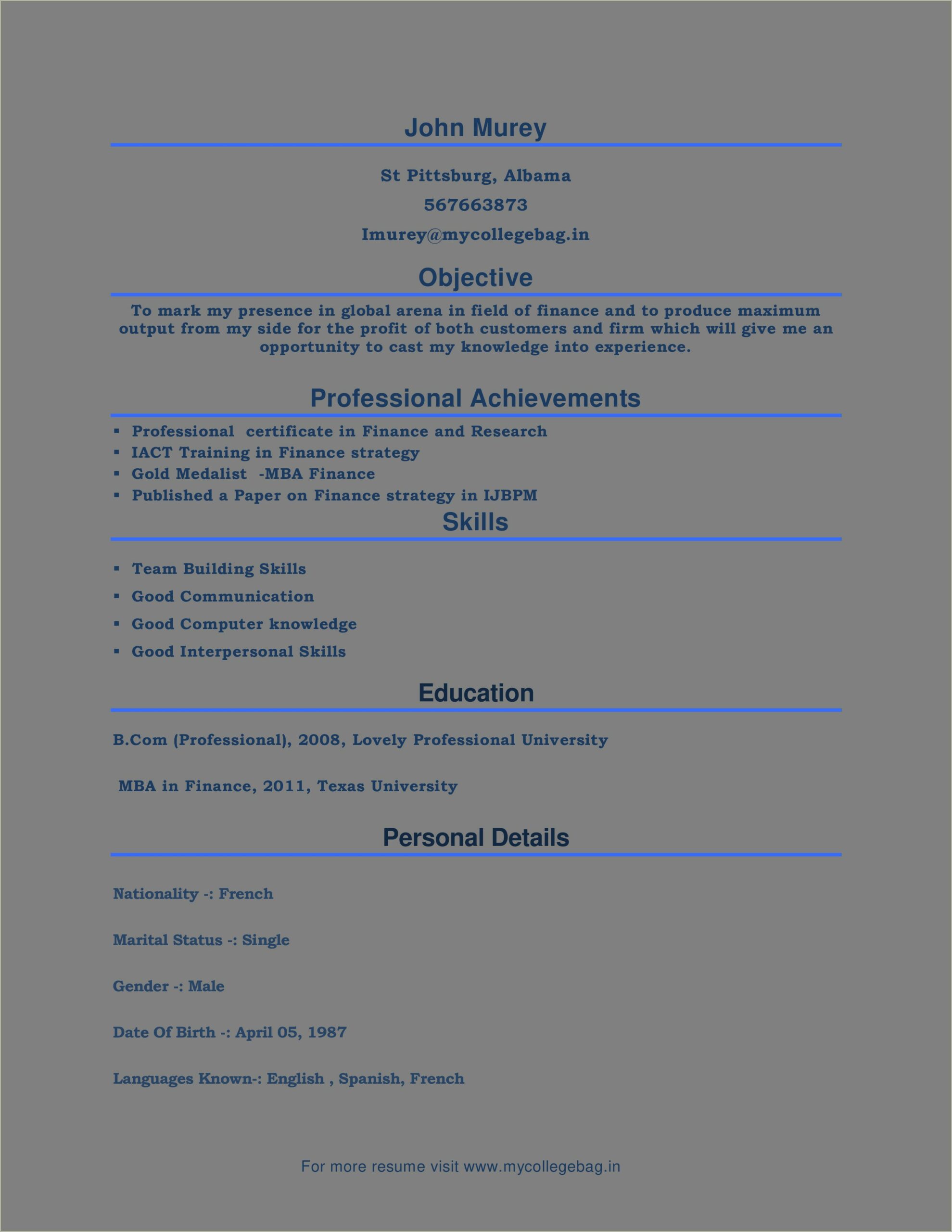 Resume Examples For Mba Finance Freshers